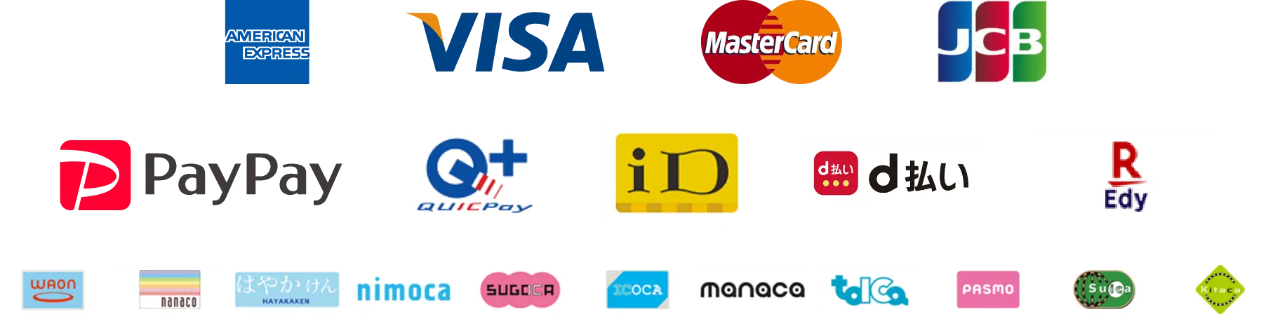 American Express, VISA, MasterCard, PayPay